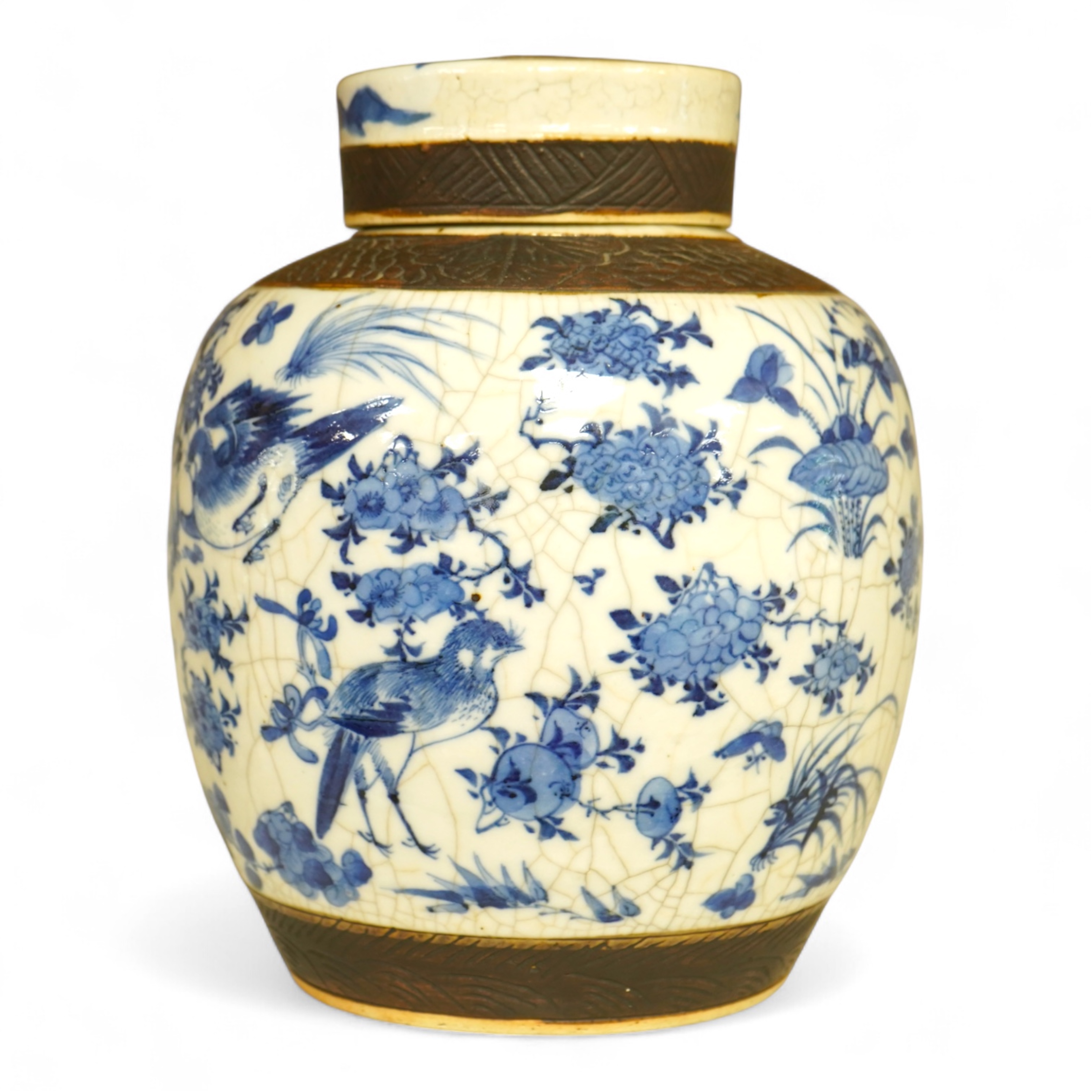 A Chinese blue and white crackle glaze ginger jar and cover, 26cm high